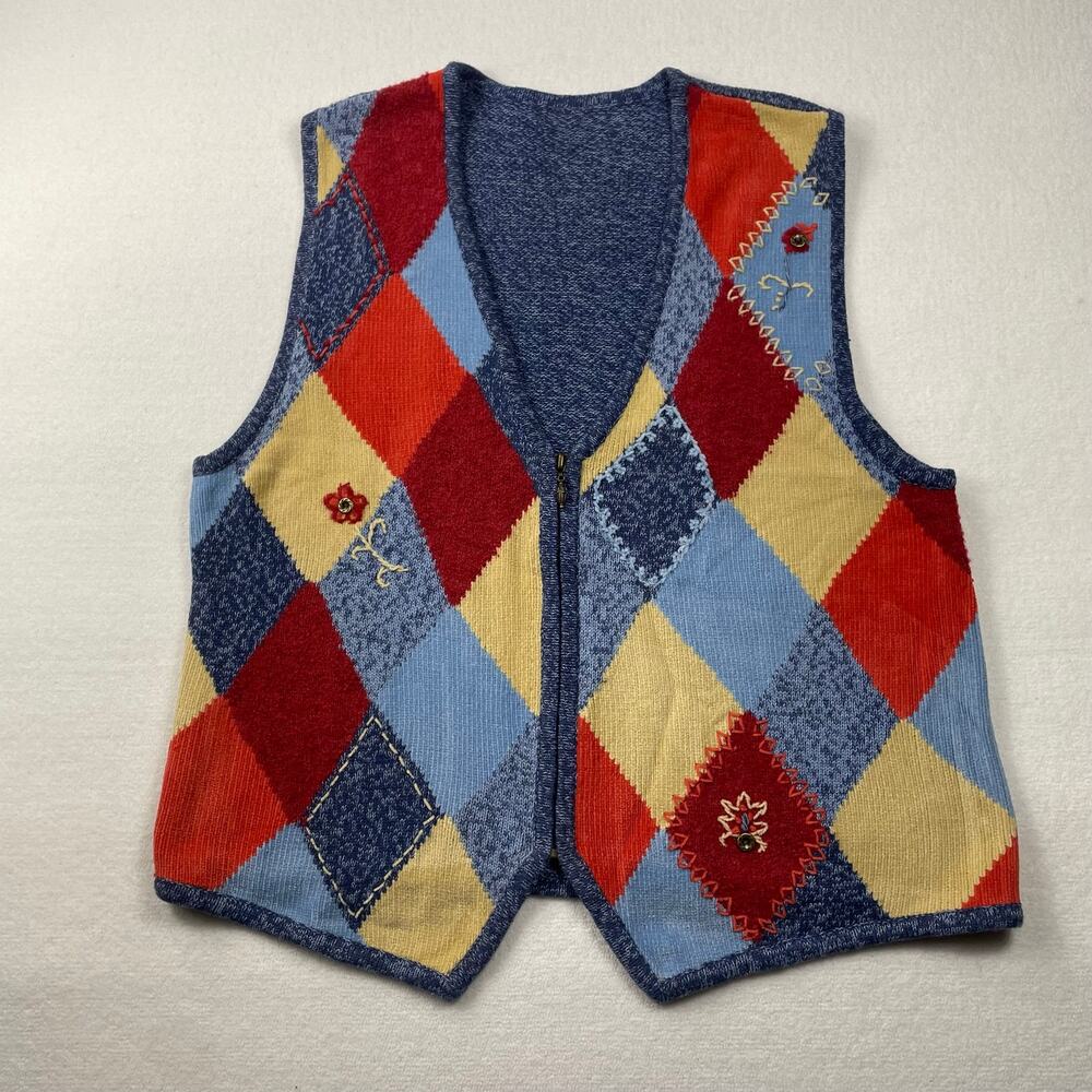 Vintage 90s Argyle Embroidered Multicolor Vest Cottage Grandma Teacher Whimsical
